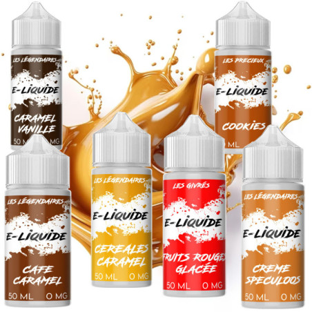 E-LIQUIDE PACK DE 6 FIOLES DE 50ML SPECULOOS, FRUITS ROUGES GLACÉE, CEREALES CARAMEL CAFE CARAMEL, COOKIES, CARAMEL VANILLE